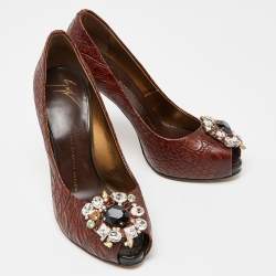 Giuseppe Zanotti Brown Croc Embossed Leather Crystal Embellished Peep Toe Pumps Size 37