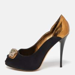 Giuseppe Zanotti Black/Metallic Satin and Leather Crystal Embellished Peep Toe Pumps Size 37