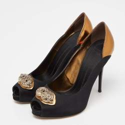 Giuseppe Zanotti Black/Metallic Satin and Leather Crystal Embellished Peep Toe Pumps Size 37