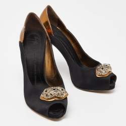 Giuseppe Zanotti Black/Metallic Satin and Leather Crystal Embellished Peep Toe Pumps Size 37