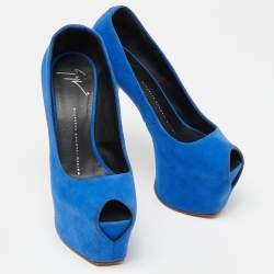 Giuseppe Zanotti Blue Suede Peep Toe Platform Pumps Size 37