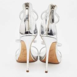 مملوكة مسبقًا Giuseppe Zanotti Silver Foil Leather Harmony Ankle Strap Sandals Size 37