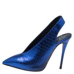 Pre Owned Giuseppe Zanotti Metallic Blue Python Embossed Leather Slingback Booties Size 36