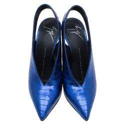 Pre Owned Giuseppe Zanotti Metallic Blue Python Embossed Leather Slingback Booties Size 36