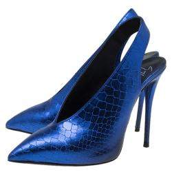 Pre Owned Giuseppe Zanotti Metallic Blue Python Embossed Leather Slingback Booties Size 36