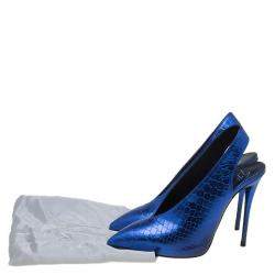 Pre Owned Giuseppe Zanotti Metallic Blue Python Embossed Leather Slingback Booties Size 36