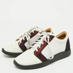 Giuseppe Zanotti White/Burgundy Leather and Laminated Suede Low Top Sneakers Size 37