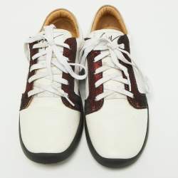 Giuseppe Zanotti White/Burgundy Leather and Laminated Suede Low Top Sneakers Size 37