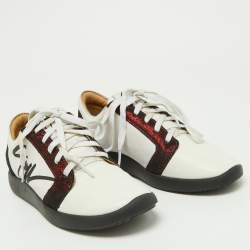 Giuseppe Zanotti White/Burgundy Leather and Laminated Suede Low Top Sneakers Size 37