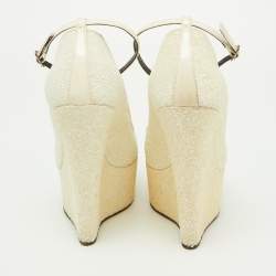 Pre Owned Giuseppe Zanotti Off White Coarse Glitter Platform Wedge Ankle Strap Pumps Size 38