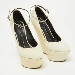 Pre Owned Giuseppe Zanotti Off White Coarse Glitter Platform Wedge Ankle Strap Pumps Size 38