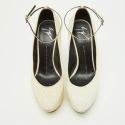 Pre Owned Giuseppe Zanotti Off White Coarse Glitter Platform Wedge Ankle Strap Pumps Size 38