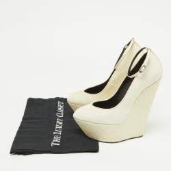Pre Owned Giuseppe Zanotti Off White Coarse Glitter Platform Wedge Ankle Strap Pumps Size 38