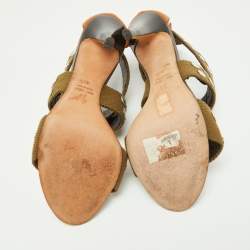 Giuseppe Zanotti Olive Green/Brown Canvas and Leather Studded Strappy Sandals Size 40.5