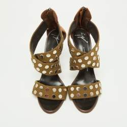 Giuseppe Zanotti Olive Green/Brown Canvas and Leather Studded Strappy Sandals Size 40.5