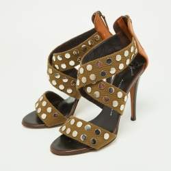 Giuseppe Zanotti Olive Green/Brown Canvas and Leather Studded Strappy Sandals Size 40.5