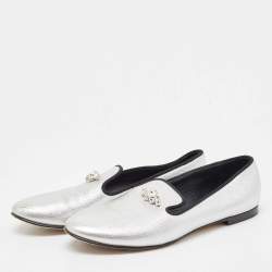 Giuseppe Zanotti Silver Leather Crystal Embellished Smoking Slippers Size 39 