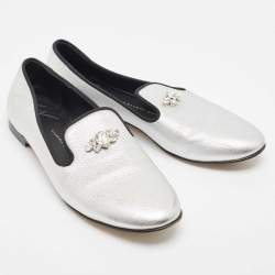 Giuseppe Zanotti Silver Leather Crystal Embellished Smoking Slippers Size 39 