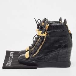 Pre Owned Giuseppe Zanotti Black Croc Embossed Leather Sneakers Size 38.5