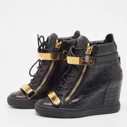 Pre Owned Giuseppe Zanotti Black Croc Embossed Leather Sneakers Size 38.5