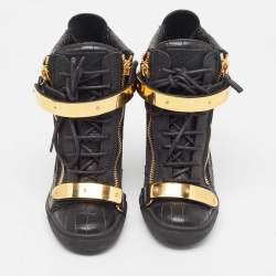 Pre Owned Giuseppe Zanotti Black Croc Embossed Leather Sneakers Size 38.5