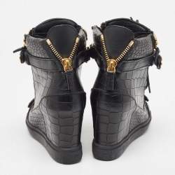 Pre Owned Giuseppe Zanotti Black Croc Embossed Leather Sneakers Size 38.5