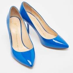 Pre Owned Giuseppe Zanotti Blue Patent Leather Pointed Toe Pumps Size 37.5
