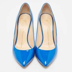 Pre Owned Giuseppe Zanotti Blue Patent Leather Pointed Toe Pumps Size 37.5
