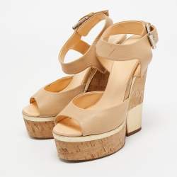 Pre Owned Giuseppe Zanotti Beige Leather Cork Wedge Platform Ankle Strap Sandals Size 37