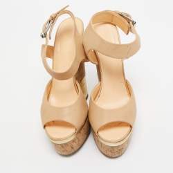 Pre Owned Giuseppe Zanotti Beige Leather Cork Wedge Platform Ankle Strap Sandals Size 37