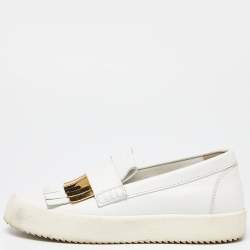 Giuseppe Zanotti White Leather Fringed Slip On Sneakers Size 37.5