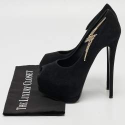 Pre Owned Giuseppe Zanotti Black Suede Crystal Embellished Peep Toe Pumps Size 37.5