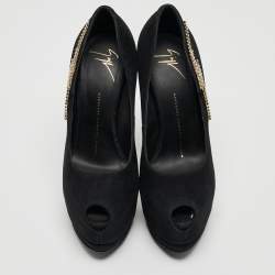 Pre Owned Giuseppe Zanotti Black Suede Crystal Embellished Peep Toe Pumps Size 37.5