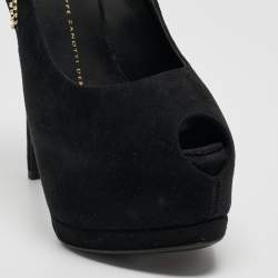 Pre Owned Giuseppe Zanotti Black Suede Crystal Embellished Peep Toe Pumps Size 37.5