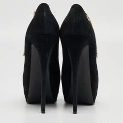 Pre Owned Giuseppe Zanotti Black Suede Crystal Embellished Peep Toe Pumps Size 37.5