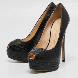 Giuseppe Zanotti Black Croc Embossed Leather Peep Toe Platform Pumps Size 37.5