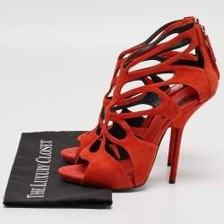 مملوكة مسبقًا Giuseppe Zanotti Rust Orange Suede Cut Out Cage Sandals Size 40.5