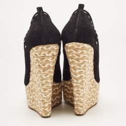 Pre Owned Giuseppe Zanotti Black Suede Espadrille Wedge Ankle Strap Peep Toe Pumps Size 40