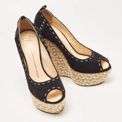 Pre Owned Giuseppe Zanotti Black Suede Espadrille Wedge Ankle Strap Peep Toe Pumps Size 40