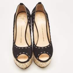 Pre Owned Giuseppe Zanotti Black Suede Espadrille Wedge Ankle Strap Peep Toe Pumps Size 40