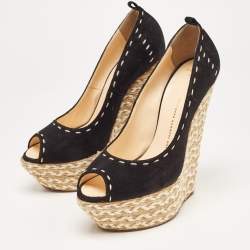 Pre Owned Giuseppe Zanotti Black Suede Espadrille Wedge Ankle Strap Peep Toe Pumps Size 40
