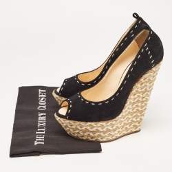 Pre Owned Giuseppe Zanotti Black Suede Espadrille Wedge Ankle Strap Peep Toe Pumps Size 40