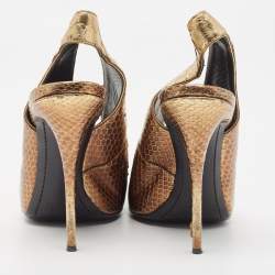 Pre Owned Giuseppe Zanotti Metallic Golden Python Embossed Leather Slingback Pumps Size 39