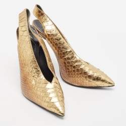 Pre Owned Giuseppe Zanotti Metallic Golden Python Embossed Leather Slingback Pumps Size 39