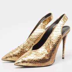 Pre Owned Giuseppe Zanotti Metallic Golden Python Embossed Leather Slingback Pumps Size 39