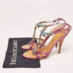 Pre Owned Giuseppe Zanotti Purple Satin Crystal Embellished T-Bar Ankle Strap Sandals Size 38.5