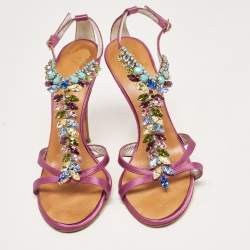 Pre Owned Giuseppe Zanotti Purple Satin Crystal Embellished T-Bar Ankle Strap Sandals Size 38.5