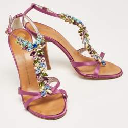 Pre Owned Giuseppe Zanotti Purple Satin Crystal Embellished T-Bar Ankle Strap Sandals Size 38.5
