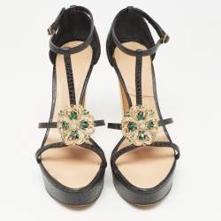 Giuseppe Zanotti Black Croc Embossed Embellished Ankle Strap Sandals Size 39.5