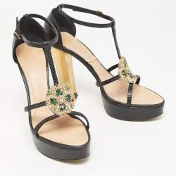 Giuseppe Zanotti Black Croc Embossed Embellished Ankle Strap Sandals Size 39.5